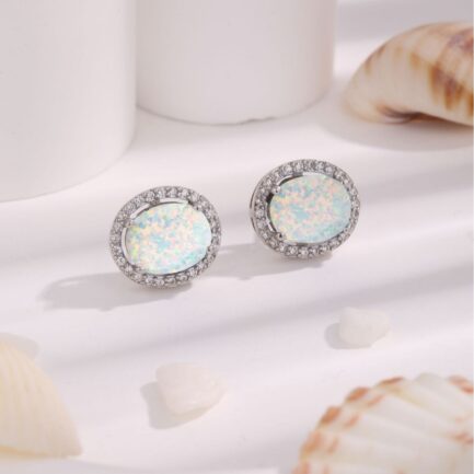 Oval Cut Opal Halo Stud Earrings For Women - Image 6