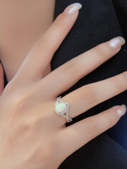 Pear Cut White Sapphire Opal Halo Engagement Ring - Image 3