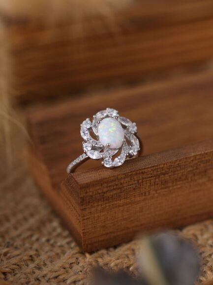 Oval Cut White Sapphire Opal Engagement Ring - Image 4