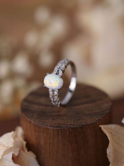 Oval Cut White Sapphire Opal Engagement Ring - Image 3