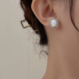 Oval Cut Opal Halo Stud Earrings For Women