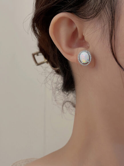 Oval Cut Opal Halo Stud Earrings For Women - Image 2