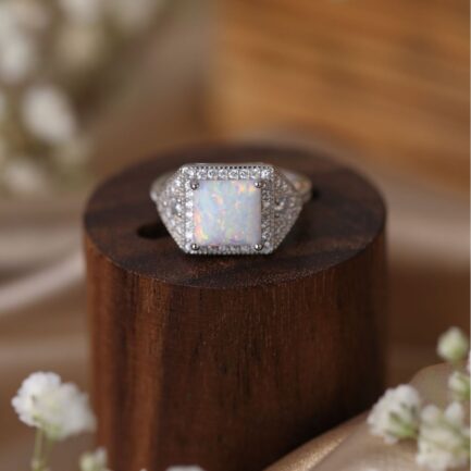 Square Cut White Sapphire Opal Halo Engagement Ring - Image 5