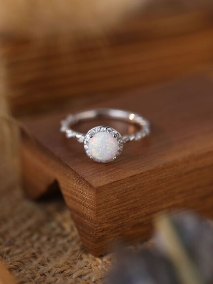 Rope Pave Round Cut White Sapphire Opal Engagement Ring - Image 6