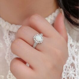 Oval Cut White Opal Halo Engagement Ring