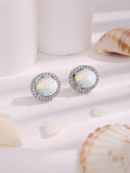 Oval Cut Opal Halo Stud Earrings For Women - Image 4