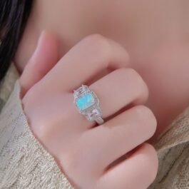 Three Stone Square Cut White Sapphire Opal Engagement Ring