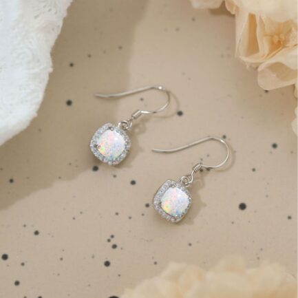 Square Cut Opal Halo Drop Earrings For Women - Image 3