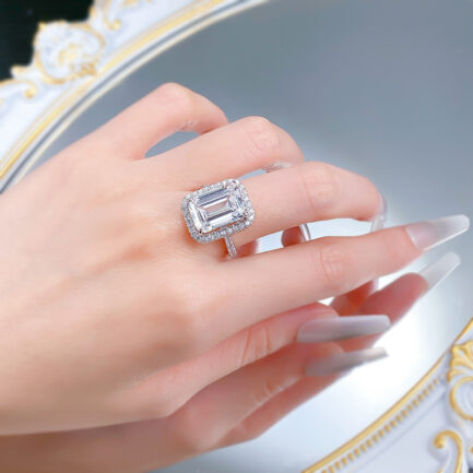 White Sapphire Emerald Cut Halo Ring in Sterling Silver - Image 5