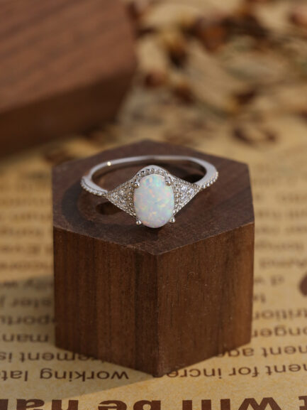 Oval Cut White Sapphire Opal Engagement Ring - Image 4