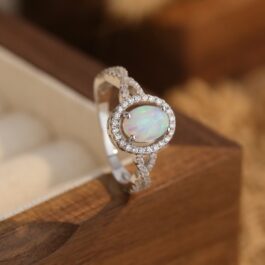 Oval Cut White Sapphire Opal Halo Engagement Ring