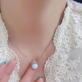 Round Cut White Opal Pendant Necklace For Women