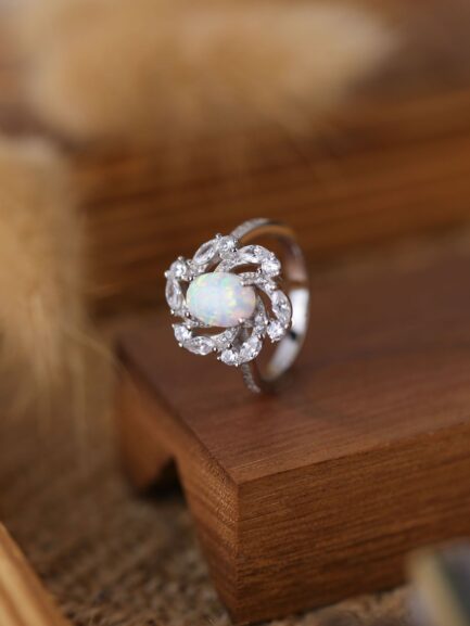 Oval Cut White Sapphire Opal Engagement Ring - Image 3