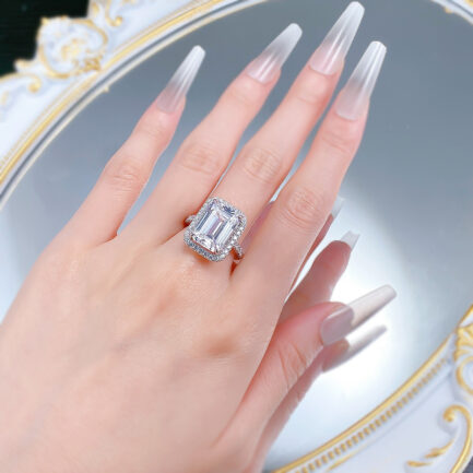 White Sapphire Emerald Cut Halo Ring in Sterling Silver - Image 7