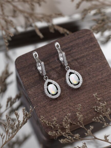 Oval Cut Opal Halo Drop Earrings For Women - Image 5