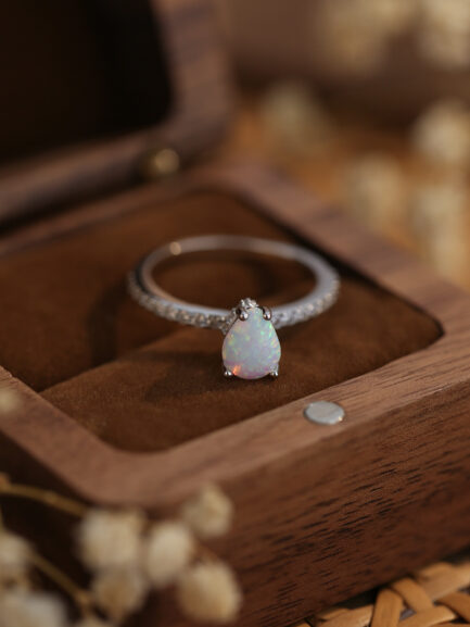 Pear Cut White Sapphire Opal Engagement Ring - Image 6