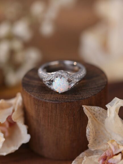 Round Cut White Sapphire Opal Engagement Ring - Image 6