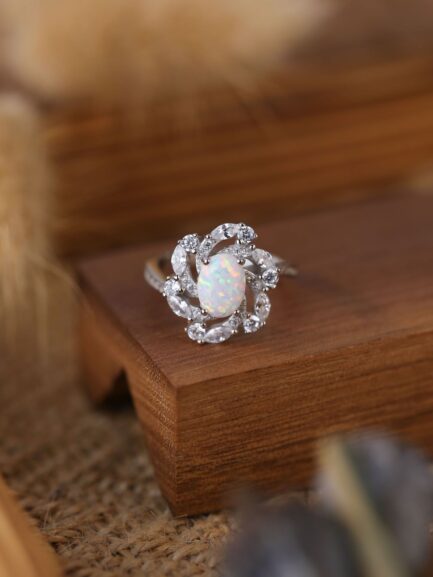 Oval Cut White Sapphire Opal Engagement Ring - Image 5