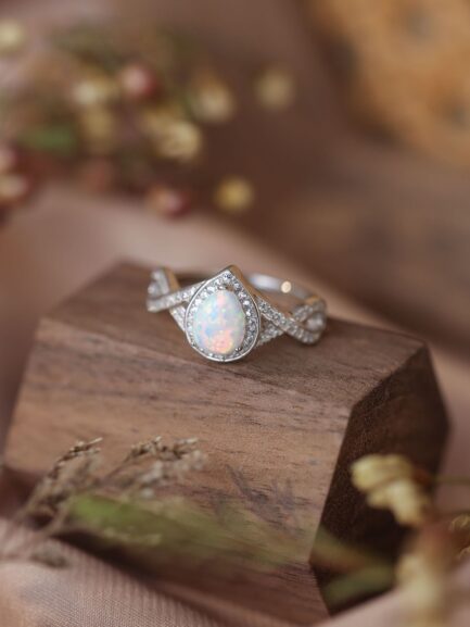 Pear Cut White Sapphire Opal Halo Engagement Ring - Image 6