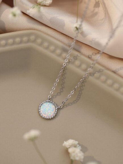 Round Cut White Opal Pendant Necklace For Women - Image 6