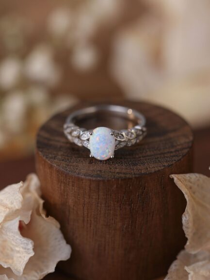 Oval Cut White Sapphire Opal Engagement Ring - Image 4