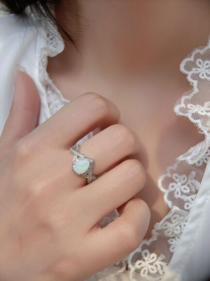 Pear Cut White Sapphire Opal Halo Engagement Ring - Image 3