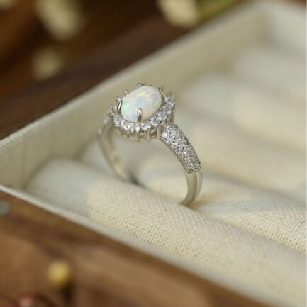 Oval Cut White Opal Halo Engagement Ring - Image 5