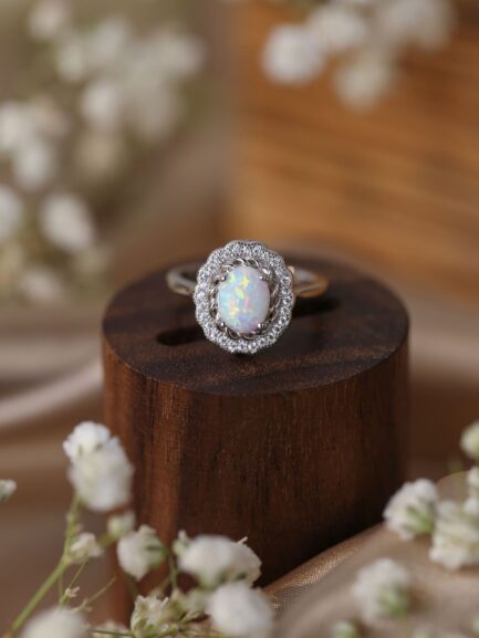 Oval Cut White Sapphire Opal Halo Engagement Ring - Image 6