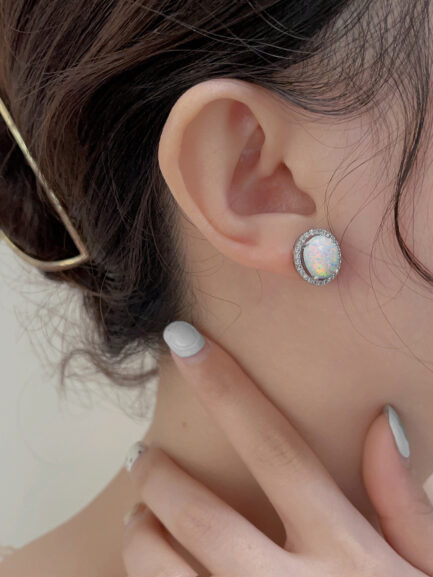 Oval Cut Opal Halo Stud Earrings For Women - Image 3