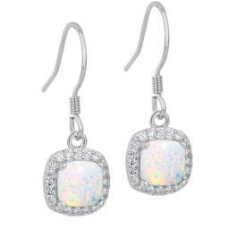 Square Cut Opal Halo Drop Earrings For Women