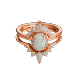 Rose Gold Oval Cut White Opal 3PC Engagement Ring Set