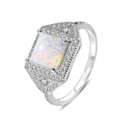 Square Cut White Sapphire Opal Halo Engagement Ring