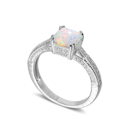 Square Cut White Sapphire Opal Engagement Ring