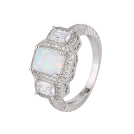 Three Stone Square Cut White Sapphire Opal Engagement Ring