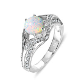 Round Cut White Sapphire Opal Engagement Ring