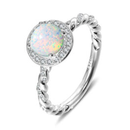 Rope Pave Round Cut White Sapphire Opal Engagement Ring