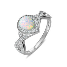 Pear Cut White Sapphire Opal Halo Engagement Ring