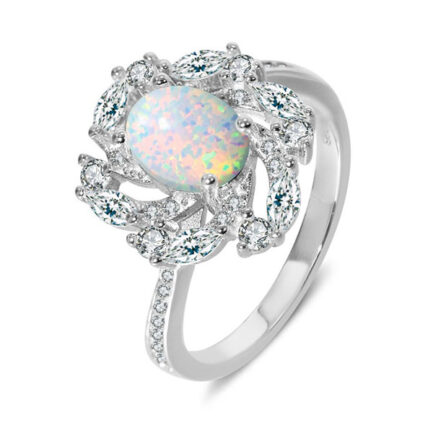 Oval Cut White Sapphire Opal Engagement Ring