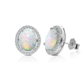 Oval Cut Opal Halo Stud Earrings For Women