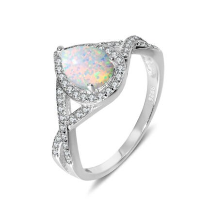 Pear Cut White Sapphire Opal Halo Engagement Ring