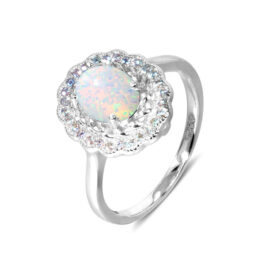 Oval Cut White Sapphire Opal Halo Engagement Ring