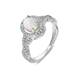 Oval Cut White Sapphire Opal Halo Engagement Ring