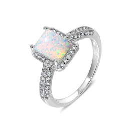 Square Cut White Sapphire Opal Halo Engagement Ring